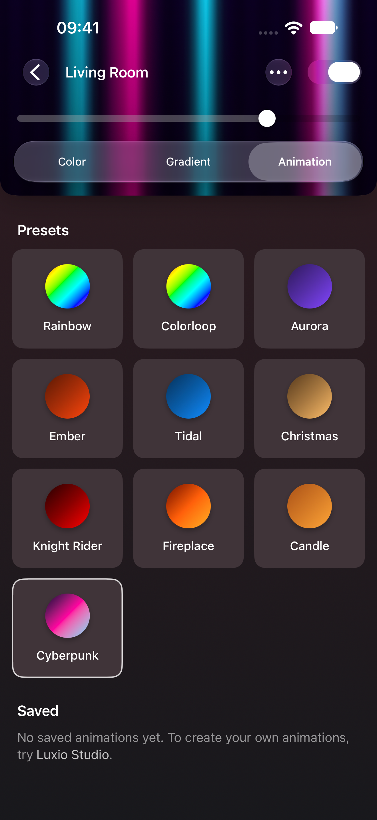Cyberpunk animation and its controls in the Luxio iOS app