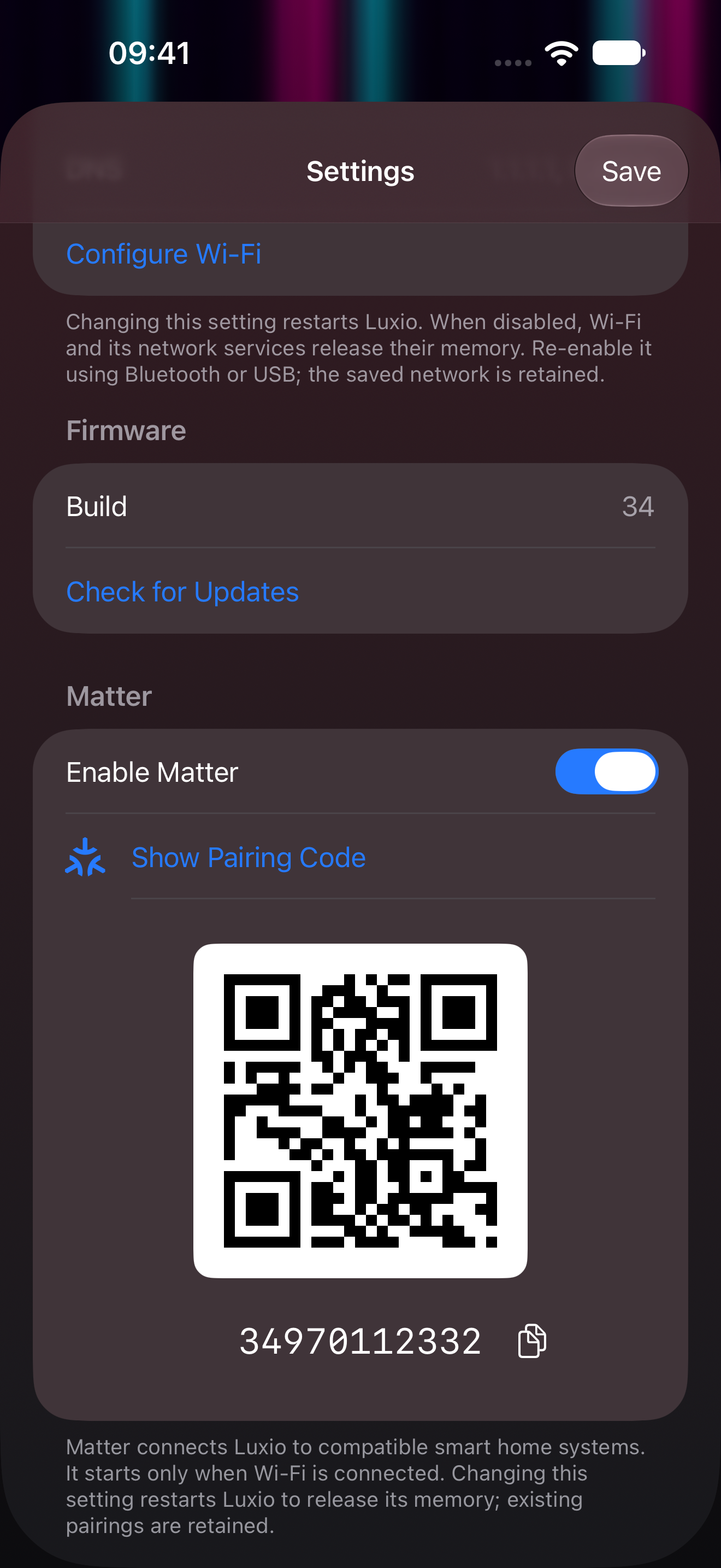 Matter pairing screen in the Luxio iOS app