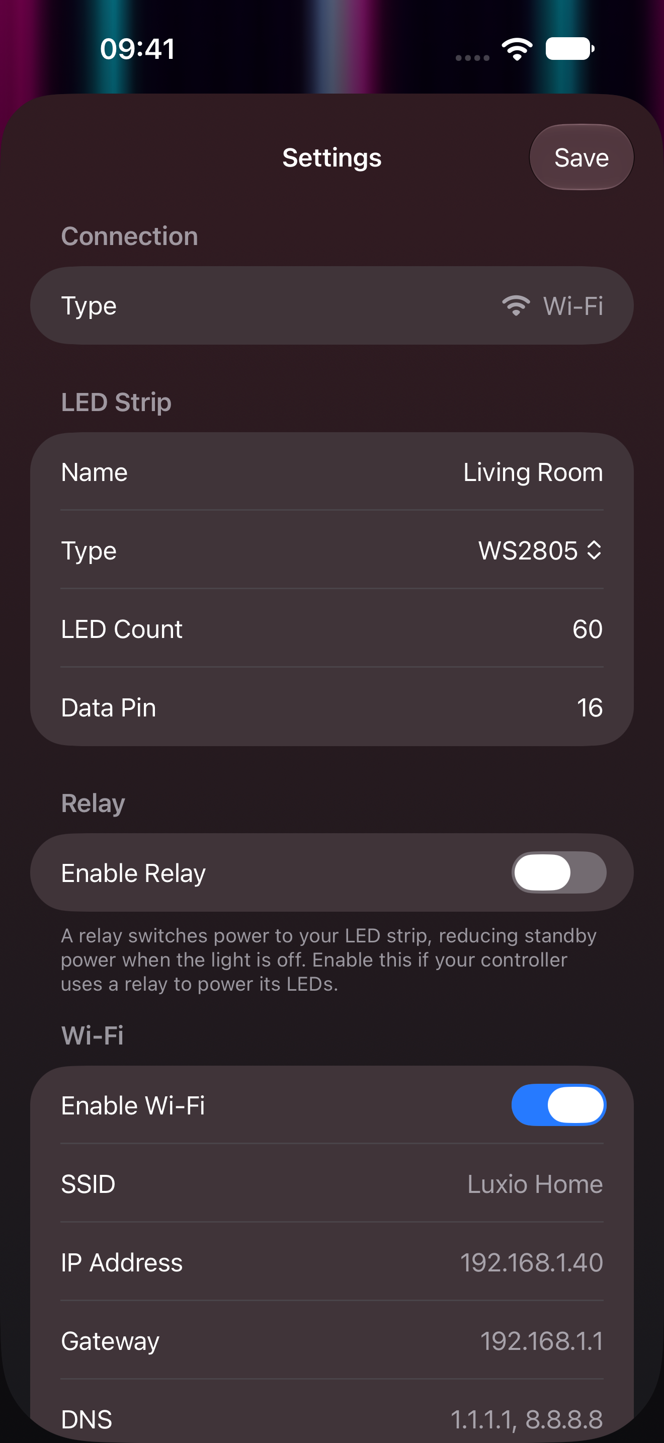 Device and network settings in the Luxio iOS app