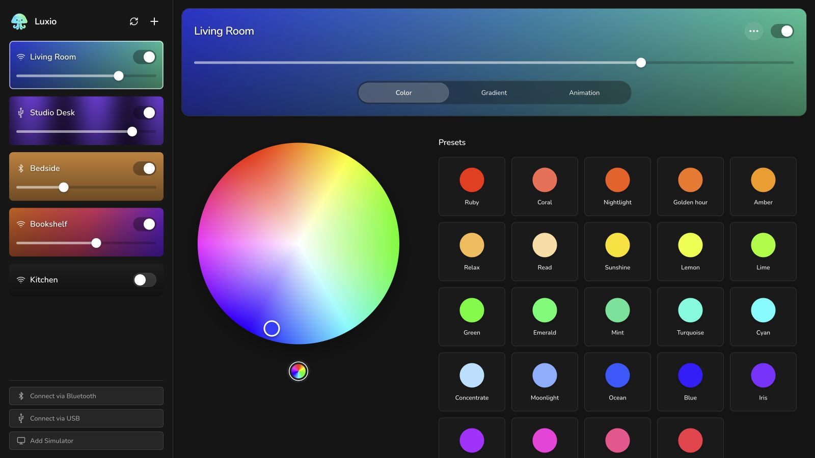 Luxio web app with a color wheel and saved color presets