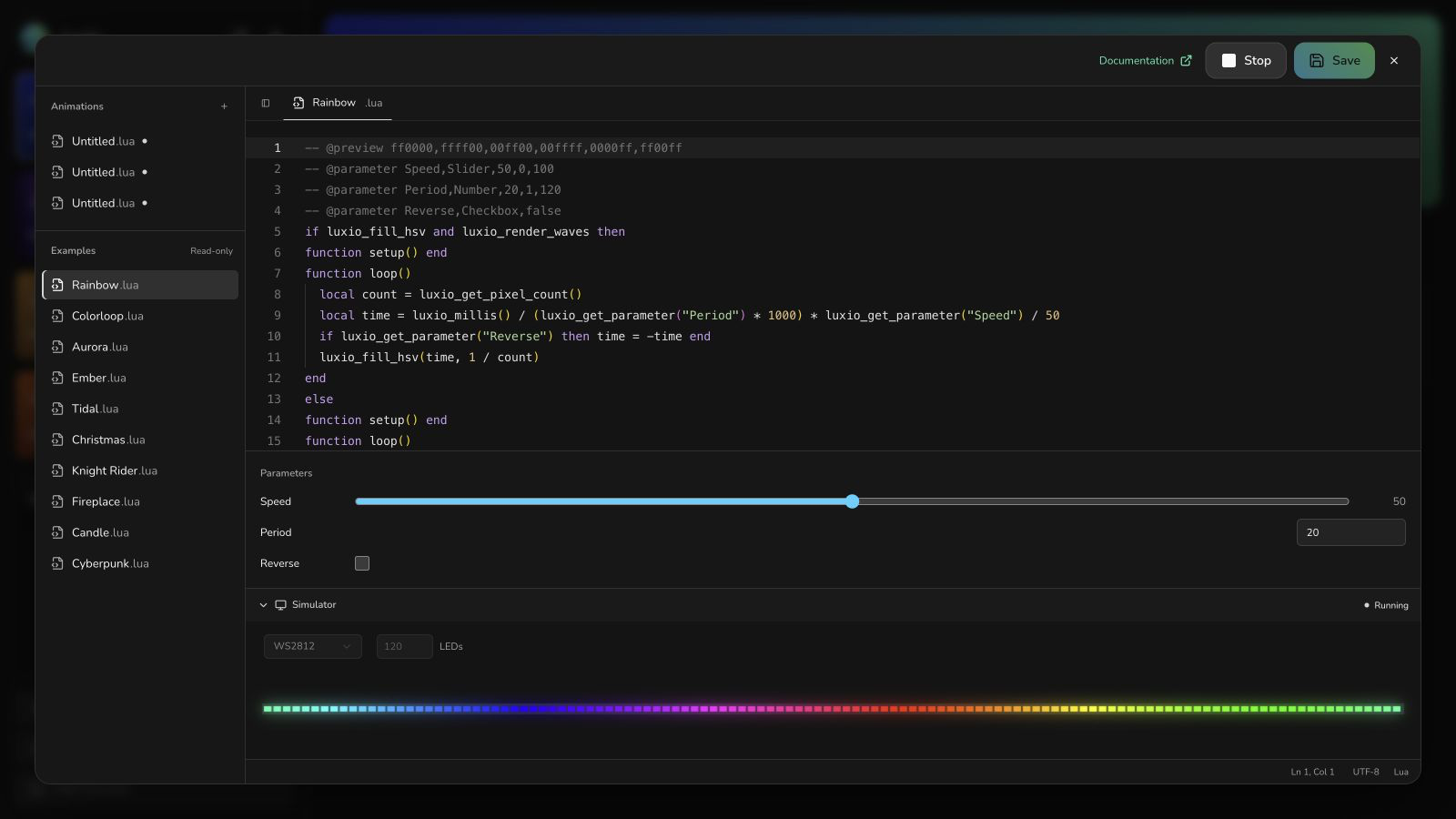 Luxio Studio Lua editor with a running LED simulation
