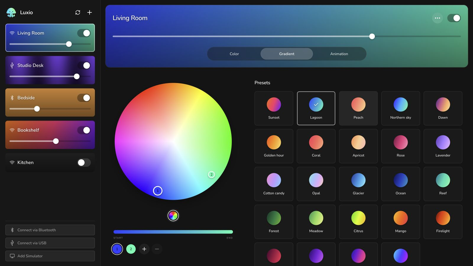 Luxio web app with lights, gradient editor and color presets