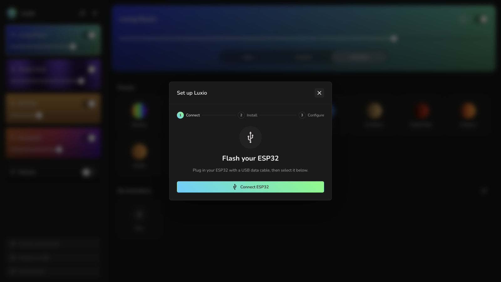 Luxio web app setup dialog for flashing an ESP32 over USB